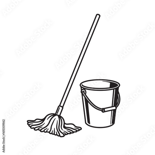 A vintage art style illustration of a mop and bucket cleaning equipment