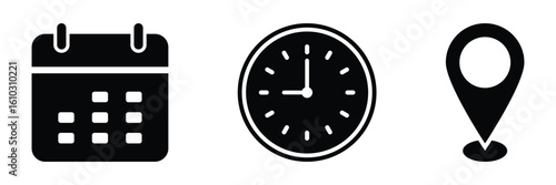 Address time date icons set. Address location icon. Clock icon. Calendar icon. Time, date and address icon set. Calendar, clock, location. Editable stroke. Vector illustration
