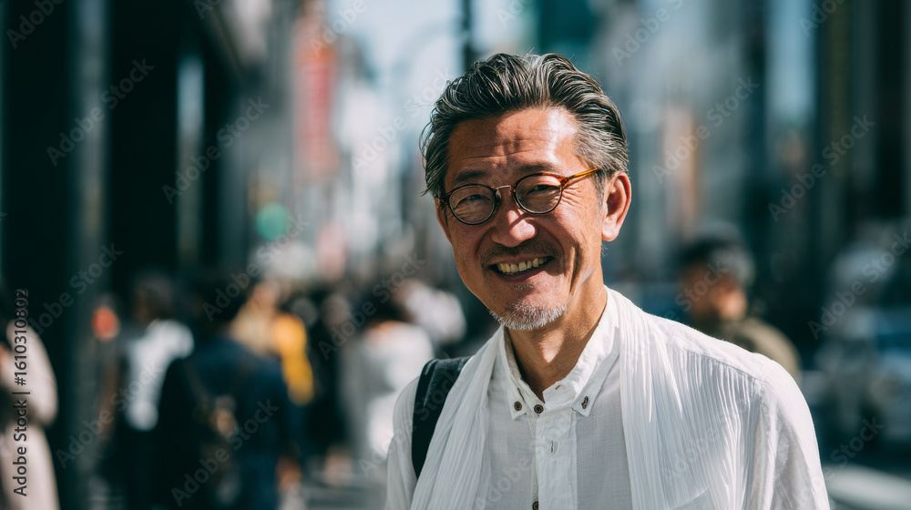 Naklejka premium Stylish middle aged Japanese man smiling in busy urban street, wearing white shirt and glasses, exuding confidence and warmth