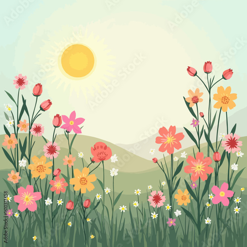 Colorful flowers bloom in a grassy meadow, under a bright sun, with gentle hills in the background.