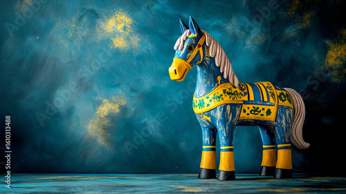 Wallpaper Mural Swedish modern souvenir Dala or Dalecarlian horses, Yellow and blue color wood material with pattern ornaments on blue-painted Background imagination concept Torontodigital.ca