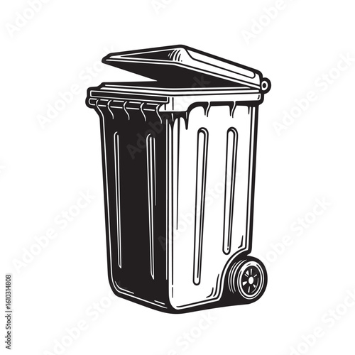Classic vintage art style illustration of a wheelie bin with open lid for waste management