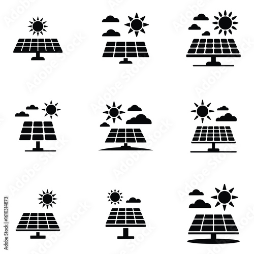 Solar Panel Icons Set Renewable Energy Source with Sun and Clouds Black Silhouette Vector Illustration