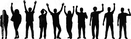 Group of people silhouette, team standing, unity concept, raised hands, crowd cheering, human outline, community support vector