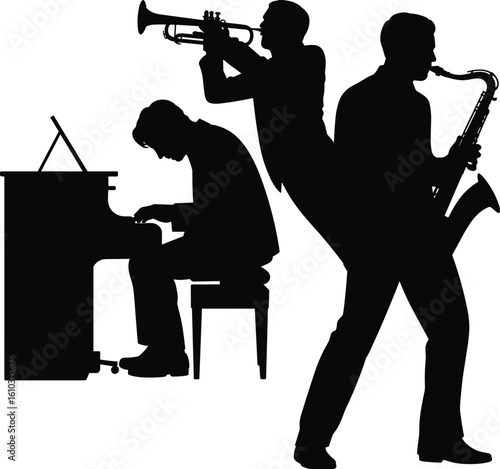 Jazz musicians silhouette, piano trumpet saxophone players, music band performance, artistic black and white vector design, isolated background