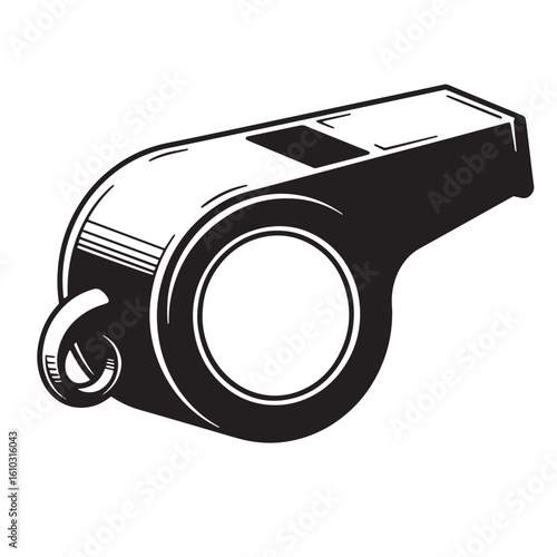 Detailed black and white vector illustration of a classic referee whistle vintage art