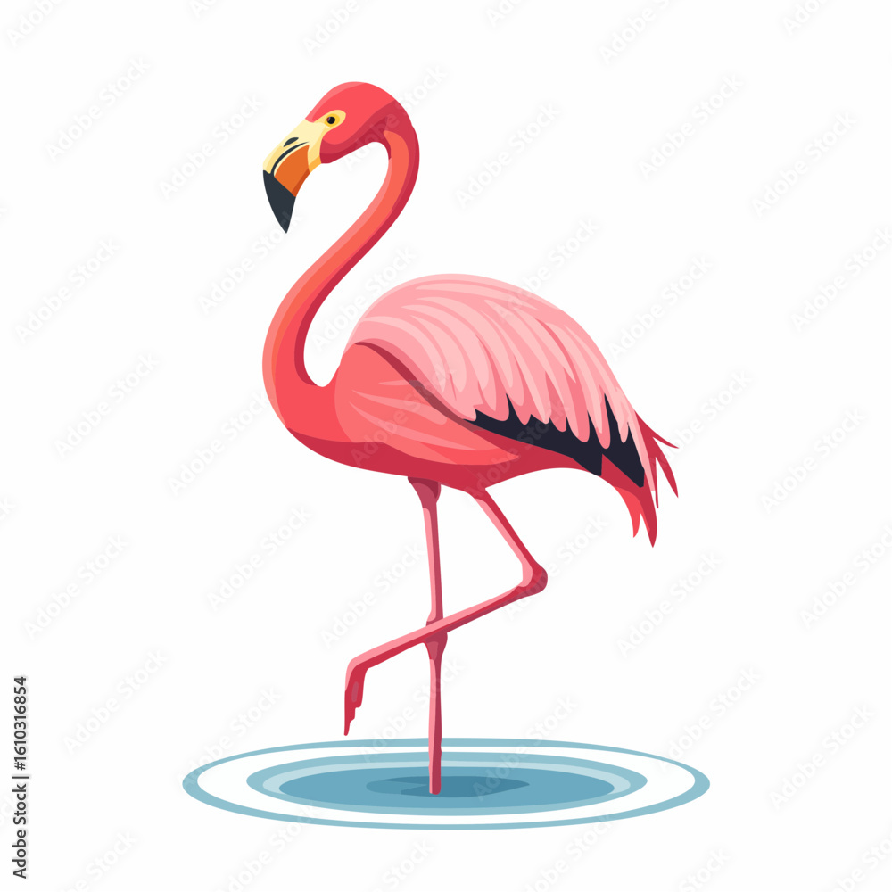 Fototapeta premium Elegant flamingo illustration standing gracefully in shallow water with a white background