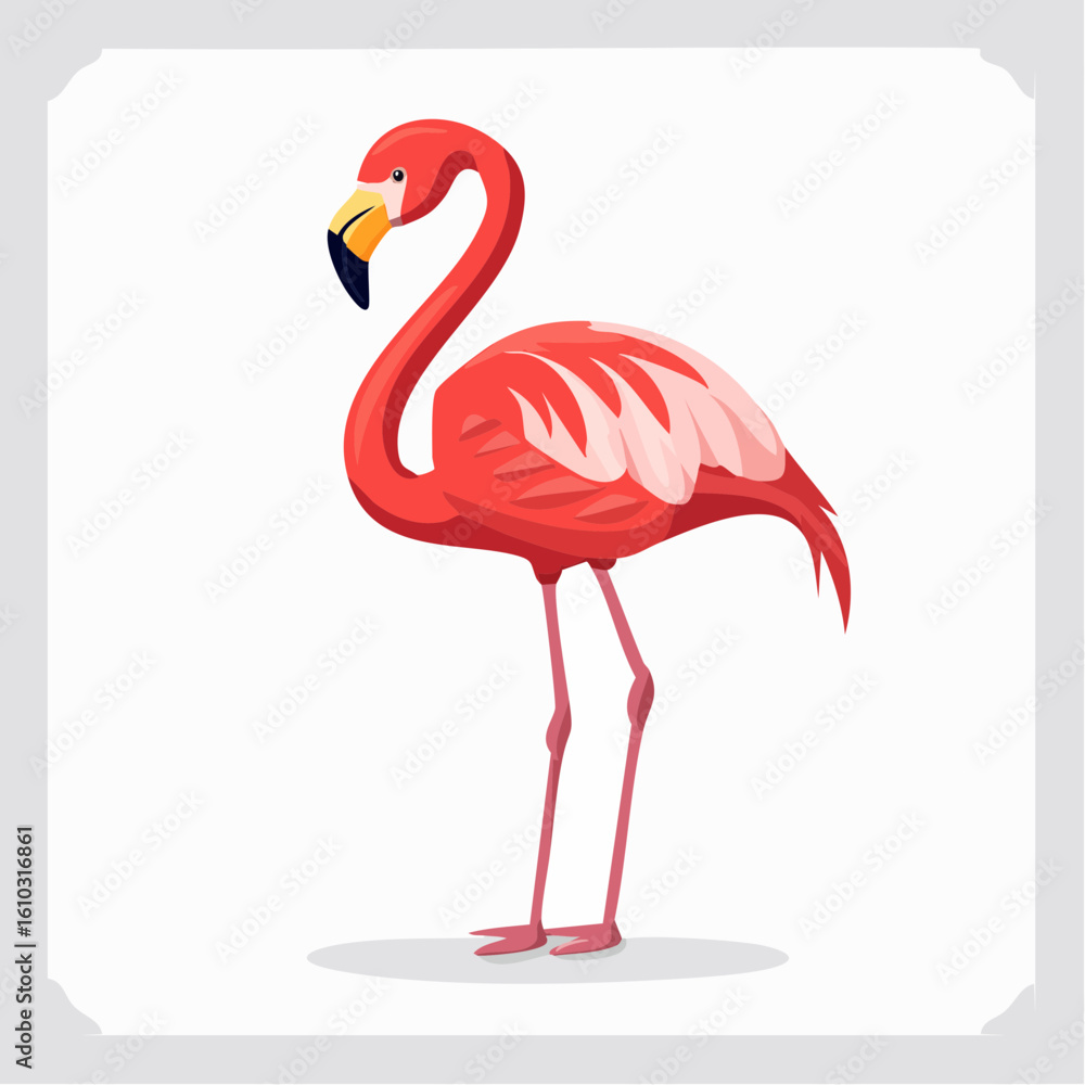 Fototapeta premium Pink flamingo stands gracefully in a minimalist composition against a white backdrop