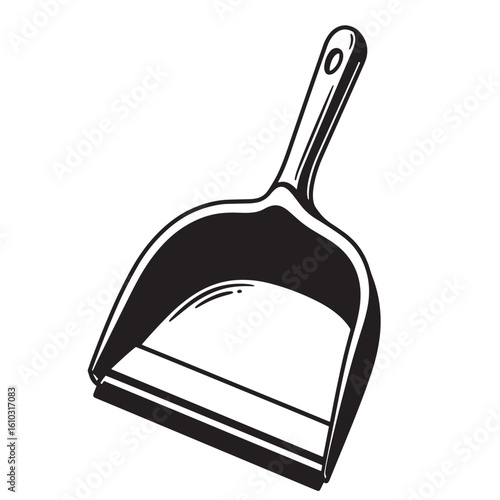 Classic black and white vintage art illustration of a dustpan for cleaning purposes