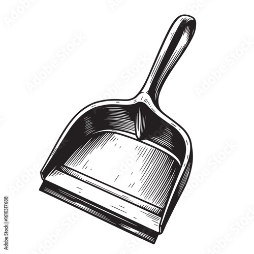 Detailed vintage art illustration of a dustpan for cleaning purposes against white background