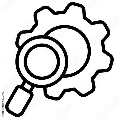 Gear Search Outline Icon Vector Design - Magnifying glass over gear, representing system diagnostics or configuration search