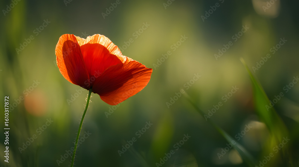 Obraz premium A vibrant red poppy bathed in golden sunset light, symbolizing remembrance and beauty.