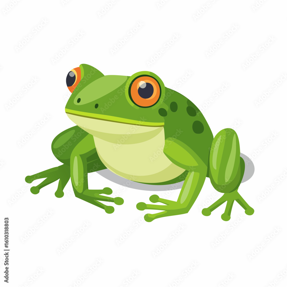Obraz premium Cartoon green frog illustration with orange eyes in a playful pose against a white background