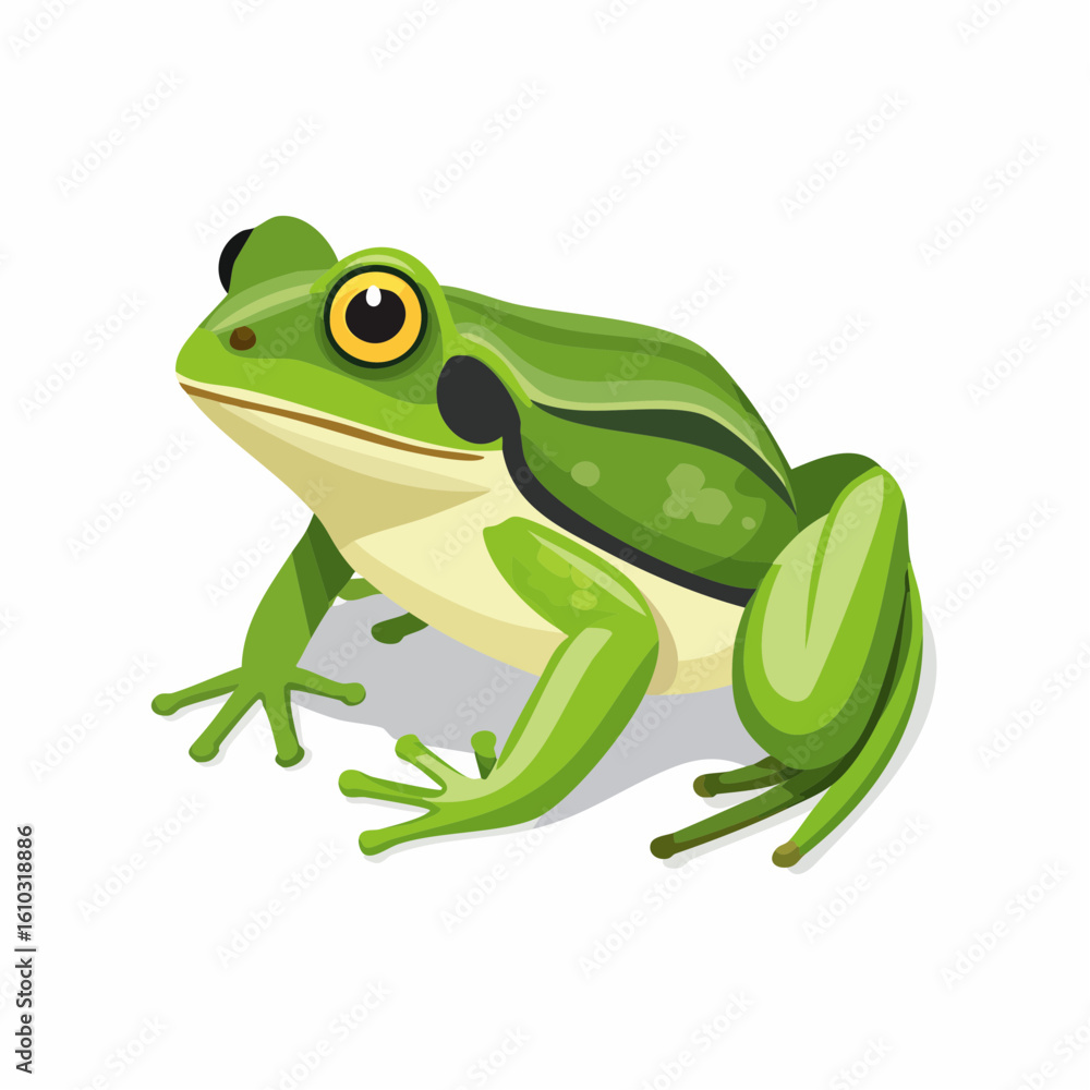 Obraz premium Cartoon depiction of a bright green frog sitting against a plain white background