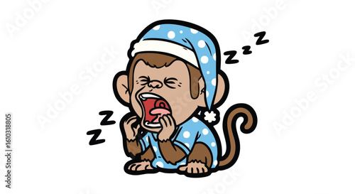 Cartoon monkey wearing a nightcap and pajamas, yawning widely with "Zzz" symbols around it.