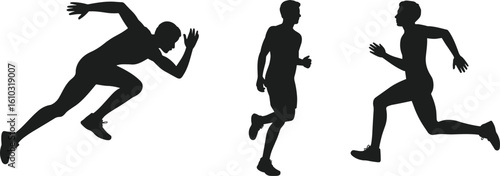 Runner silhouette, jogging man, sprinting athlete, black vector illustration, fitness activity, exercise movement, isolated on white background