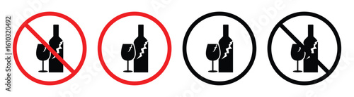 No Broken Glass Prohibition Sign – Fragile Item Safety Icon with Red Circle Vector Illustration.