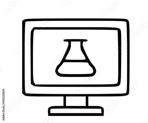 A simple line drawing of a computer monitor displaying a beaker, symbolizing online science or research.