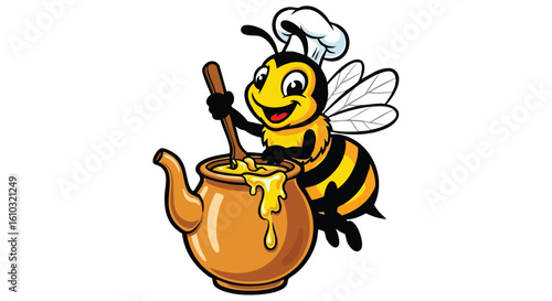 Cartoon bee chef stirring honey in a large pot.
