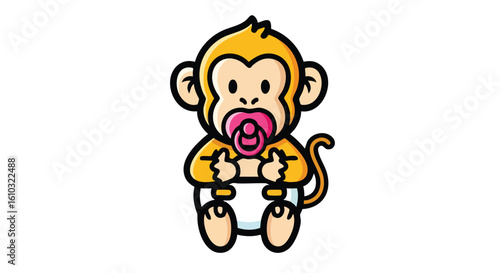 Adorable cartoon baby monkey wearing a diaper and pacifier.