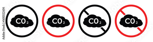 No CO2 Emission Icon Set – Red Prohibition Signs for Carbon Emissions, Eco-Friendly and Environmental Safety Vector Collection.