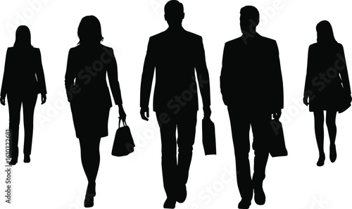 Silhouette of business professionals walking forward, teamwork concept, isolated on white, corporate people in formal attire
