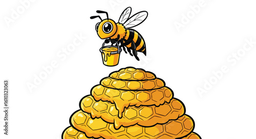 A cartoon bee carries a bucket of honey over a dripping honeycomb structure.