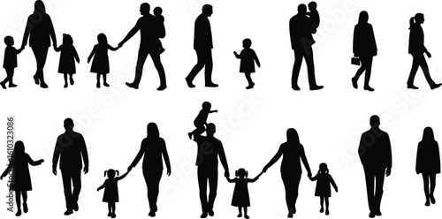  Family and people silhouettes collection, parents and children walking, diverse individuals, various poses, full body figures, community, bonding.