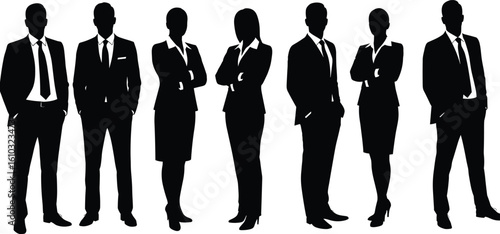 Professional business team silhouettes set, diverse men and women in suits, confident poses, corporate staff, office environment, leadership, and success.