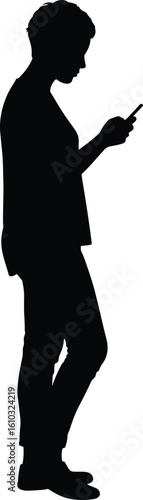 Woman looking at smartphone silhouette, young female using mobile device, texting, Browse social media, digital communication, modern technology, internet addiction.