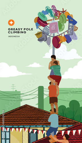 Layout idea  indonesian independence day greasy pole climbing Flat Design Illustration