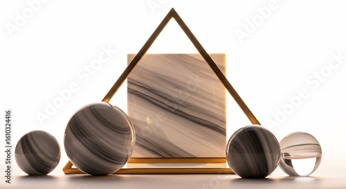 Geometric Marble Abstract with Golden Triangle and Orbs