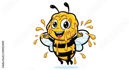 Cartoon bee character covered in dripping honey, smiling with outstretched arms and wings.