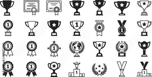 Awards and achievements icon set, trophies, medals, certificates, and winners podiums, celebration of success, recognition, championship, victory, first place.