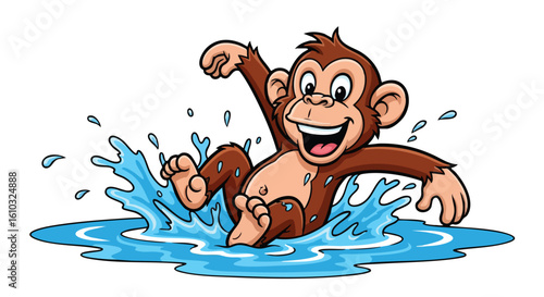 A cartoon monkey splashes happily in a puddle of water.