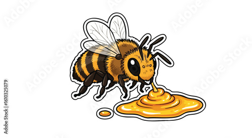 Cute cartoon bee enjoying a puddle of honey.