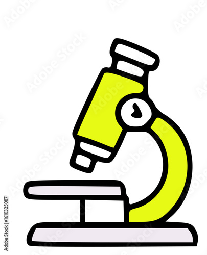 A bright yellow cartoon microscope, detailed illustration of scientific equipment.