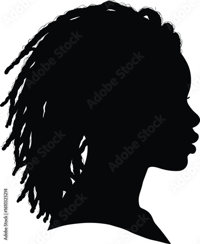  African American woman dreadlocks silhouette, side profile, natural hair beauty, cultural identity, empowerment, unique hairstyle, striking and powerful portrait. African American woman dreadlock.