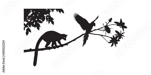 Silhouette illustration of rainforest animals parrot lemur beetle and foliage art