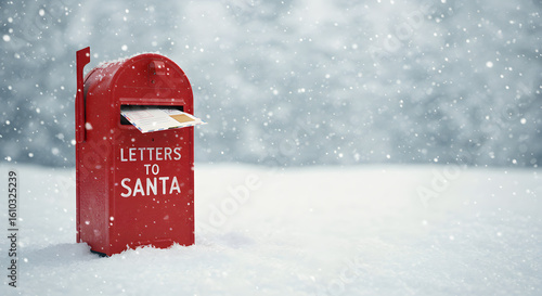 A festive red mailbox for letters to Santa stands in a snowy winter landscape during a magical snowfall effect