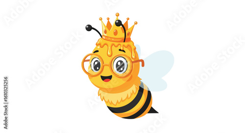 A cheerful cartoon queen bee, wearing glasses and a golden crown, dripping with honey.