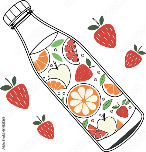 Fruit Infused Water Bottle with Strawberries, Citrus, and Apples – Healthy Summer Drink Illustration
