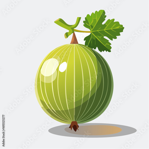 Illustration of a gooseberry with leaf and stem isolated against a light background