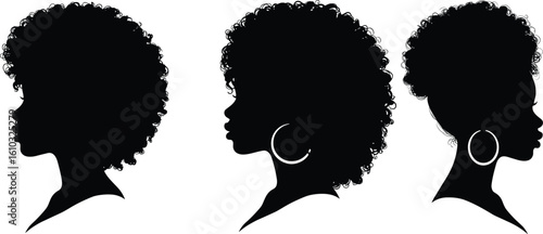 Diverse African American women silhouettes with natural curly afro hairstyles, side profiles, black beauty, cultural representation, empowerment, stylish hair texture details.