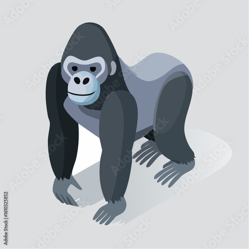 Isometric vector illustration of a strong, male gorilla in gray color, facing forward