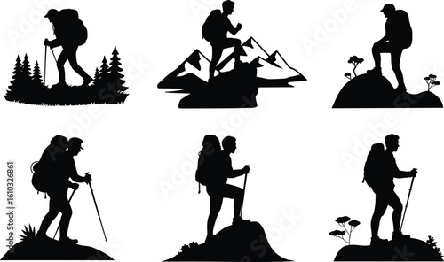 Hiking and mountaineering adventurers silhouettes set, people with backpacks trekking on trails, exploring nature, outdoor activities, travel, and extreme sports.