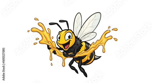 A cartoon bee happily flying, holding and splashing golden honey against white backdrop.