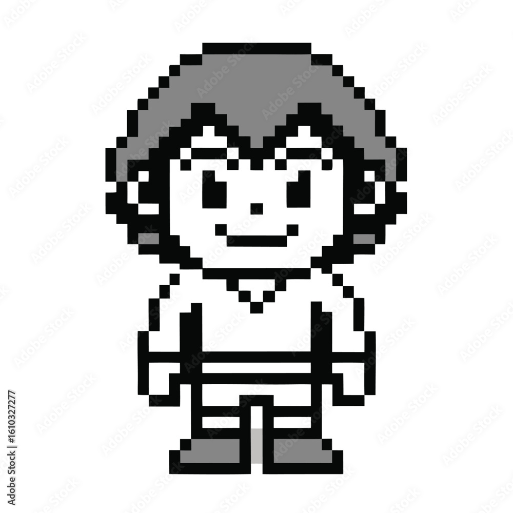 Fototapeta premium Retro Game Console Robot Character with Pixel Art Face and Button Details Standing on a White Background