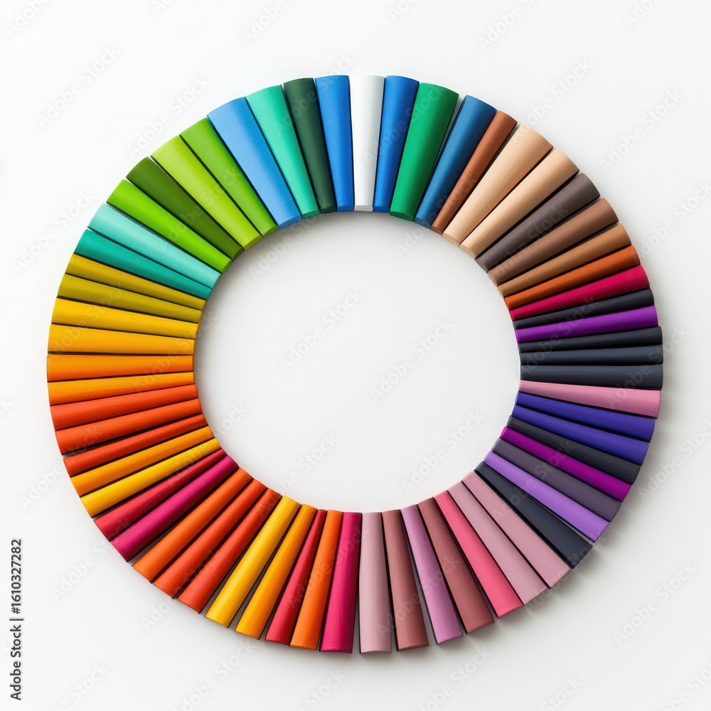 Obraz premium Vibrant colored pencil circle on white background.