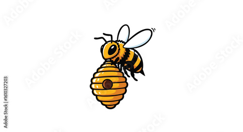 A cartoon bee hovering near its beehive, ready to enter the structure.